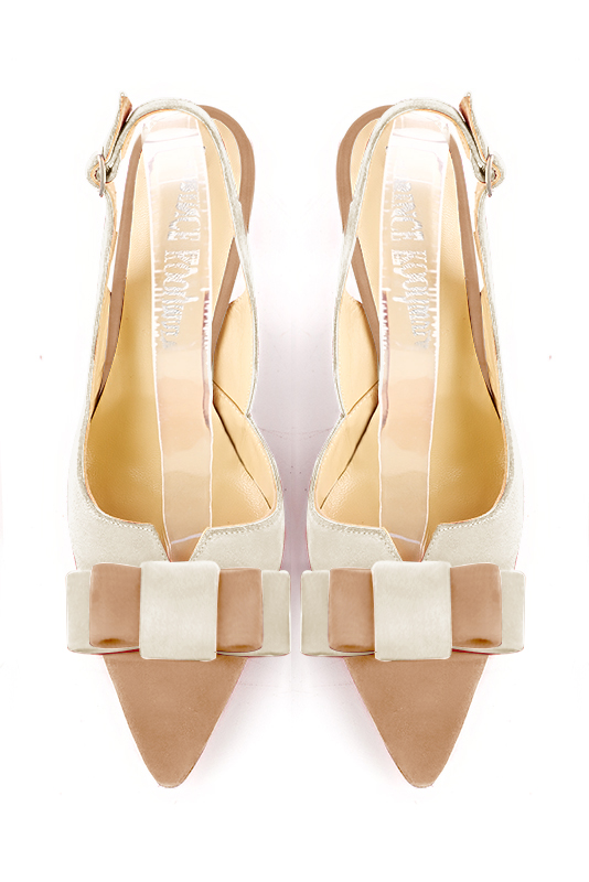 Biscuit beige and off white women's open back shoes, with a knot. Tapered toe. High kitten heels. Top view - Florence KOOIJMAN